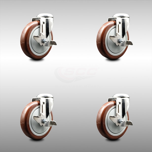 Service Caster 5 Inch 316SS Maroon Polyurethane Wheel Swivel Bolt Hole Caster Set with Brake SCC-SS316BH20S514-PPUB-MRN-TLB-4 - main